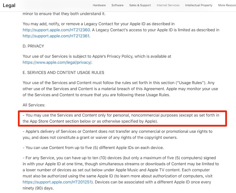 Screenshot of Apple's legal document highlighting the services and content usage rules, specifying that services and content may only be used for personal, noncommercial purposes.